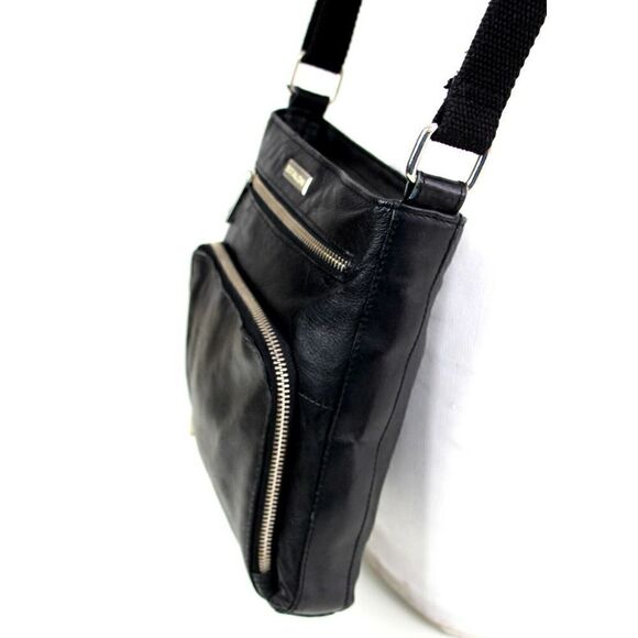 ESTALON BLACK GENUINE LEATHER ZIP TOP CROSSBODY MESSENDGER SHOULDER BAG PURSE - Picture 4 of 15